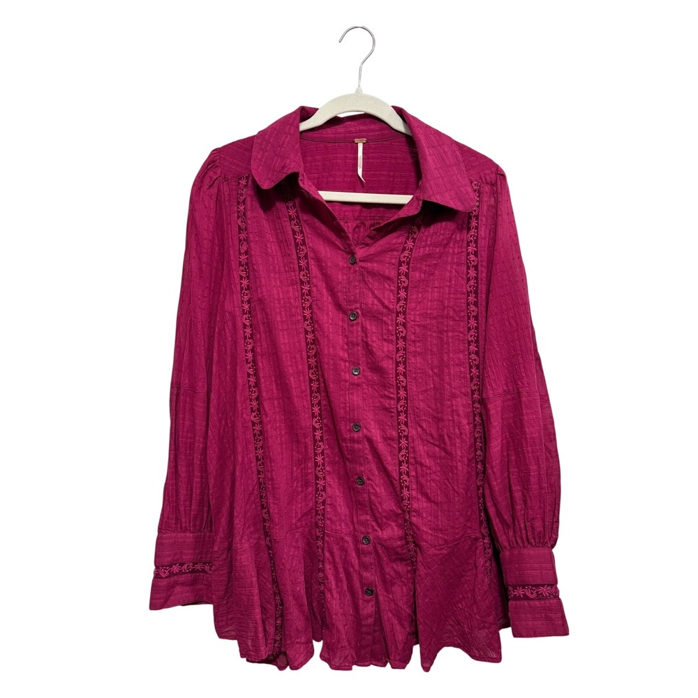 Free People Mikaela Embroidered Peplum Tunic Top Magenta Pink Boho Womens S